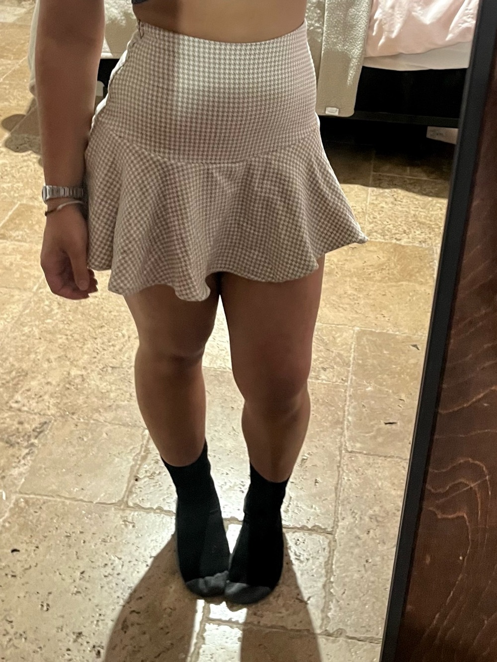Mustard Seed Houndstooth High Waist Flounce Mini Skirt